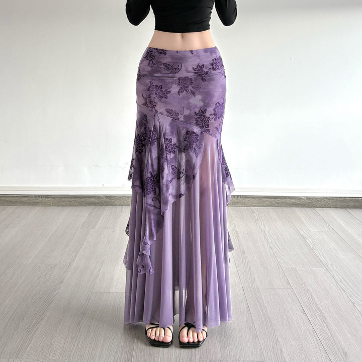 Damen asymmetrischer Maxirock mit floralen Details und transparenten Schichten Skovae