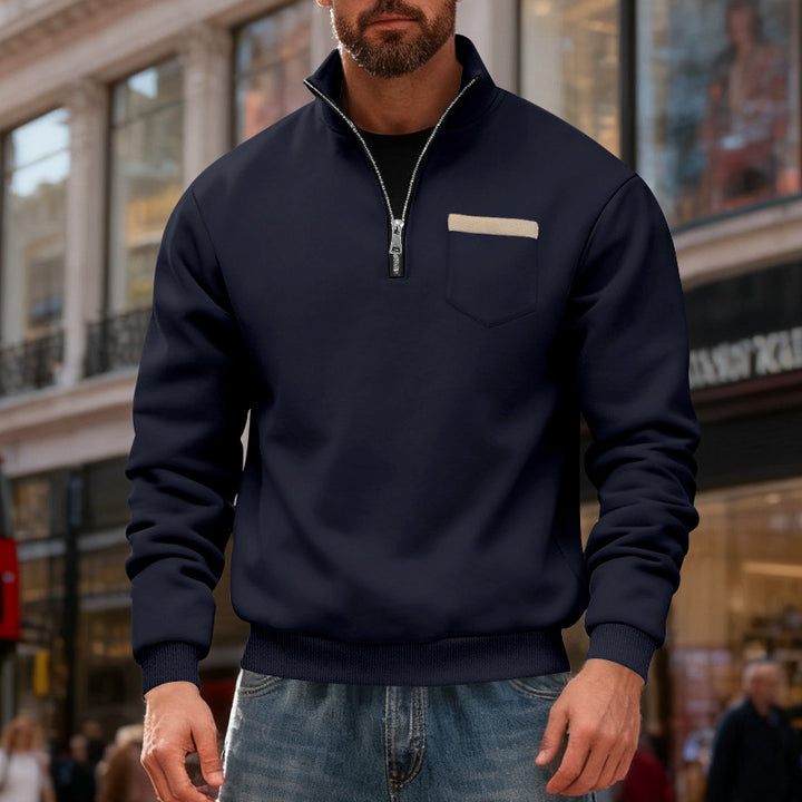 Herren nan sweatshirt med halv lynlås, ståkrave og brystlomme Skovae