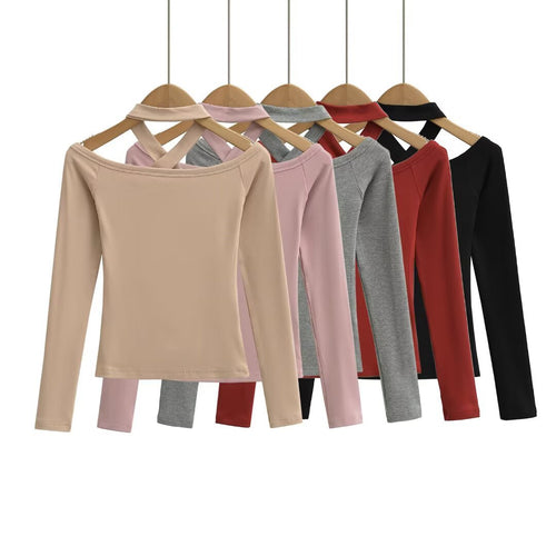 Dame Langærmet Overdel med mode Off-Shoulder Design og justerbar Krave Stilla