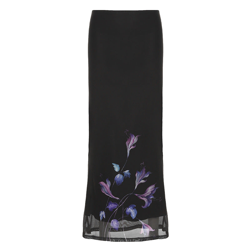 Damen Eleganter Maxirock mit floralen Akzenten und transparentem Unterstoff Skovae