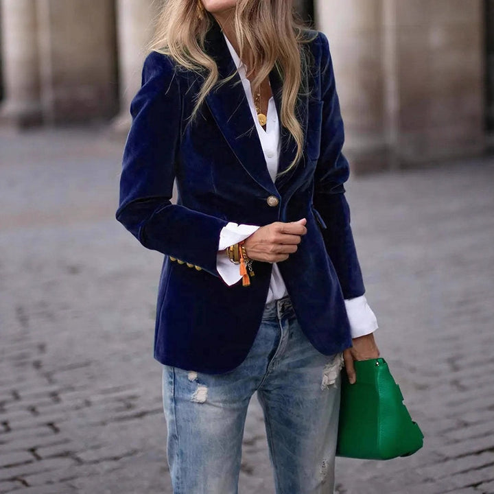 Damer Elegant Fløjl Blazer med Skræddersyet Pasform og Guld Knapper Stilla