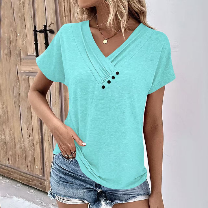 Dame T-shirt med V-udskæring og moderne knapper Stilla