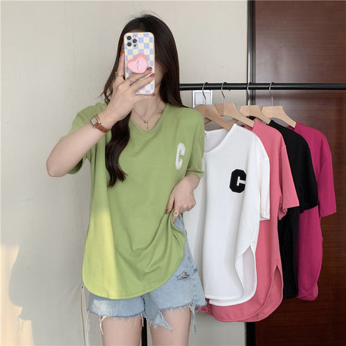 Dame Casual V-Hals Oversized T-Shirt med kontrastdetaljer Stilla