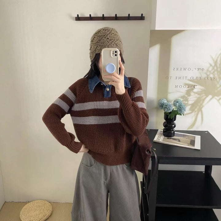 Kvinders afslappede strikket sweater med krave og stribet design Stilla