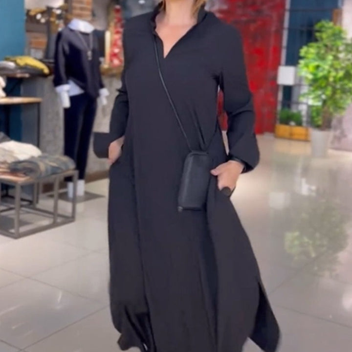 Kvinders maxikjole med elegant krave og praktisk lomme design Stilla