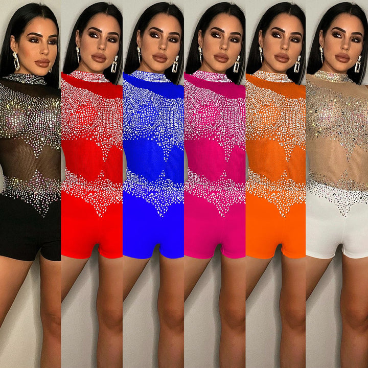 Dame Funktionsrige Rhinestone Bodysuit med gennemsigtige indsatser og lange ærmer Stilla