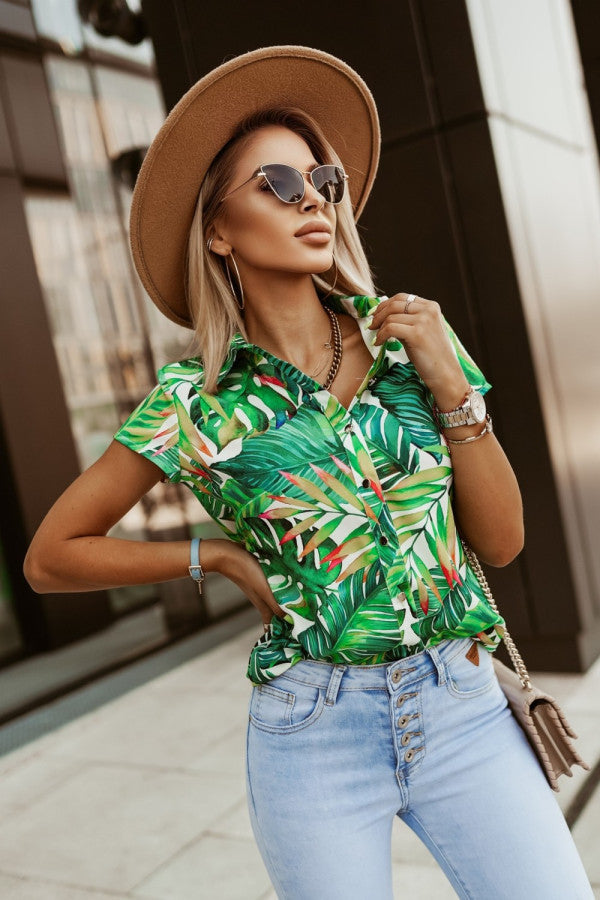 Dame Tropical Print Korte Ærmer Skjorte med Knapliste Stilla