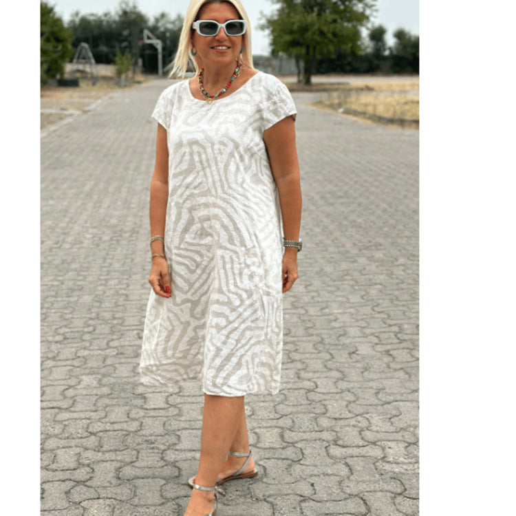 Dame knælang A-linie-midi kjole med struktureret jacquard-look og rund halsudskæring Skovae