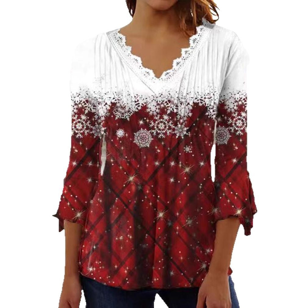 Dame nan tunika-bluse med spids v-hals, fin plissé-patch og vinterligt snefnug-print skovae