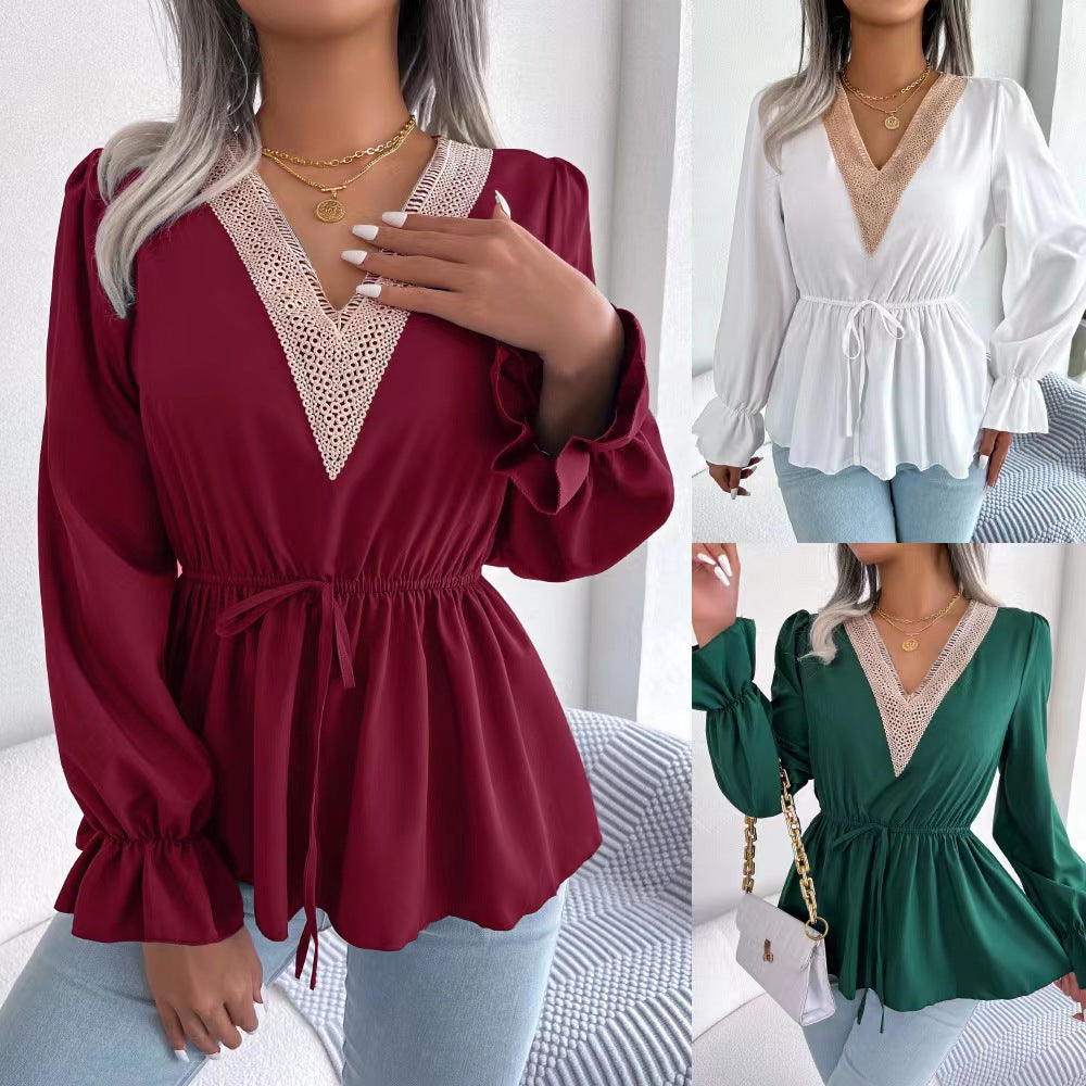 Dame Elegant V-Udsnit Bluse med Spidsedekoration Stilla