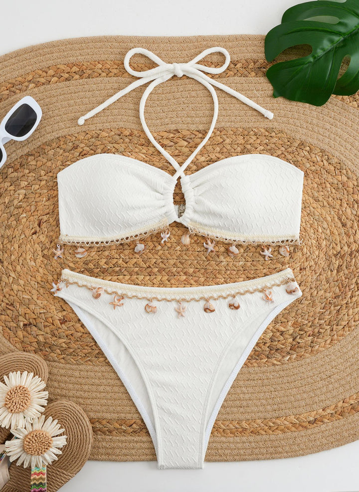 Dame Bikini-sæt med elegant bånd og detaljerede muslingedekorationer Skovae