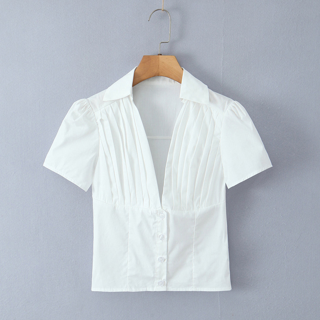 Dame taillet bluse t-shirt med elegante folder og V-udskæring Stilla