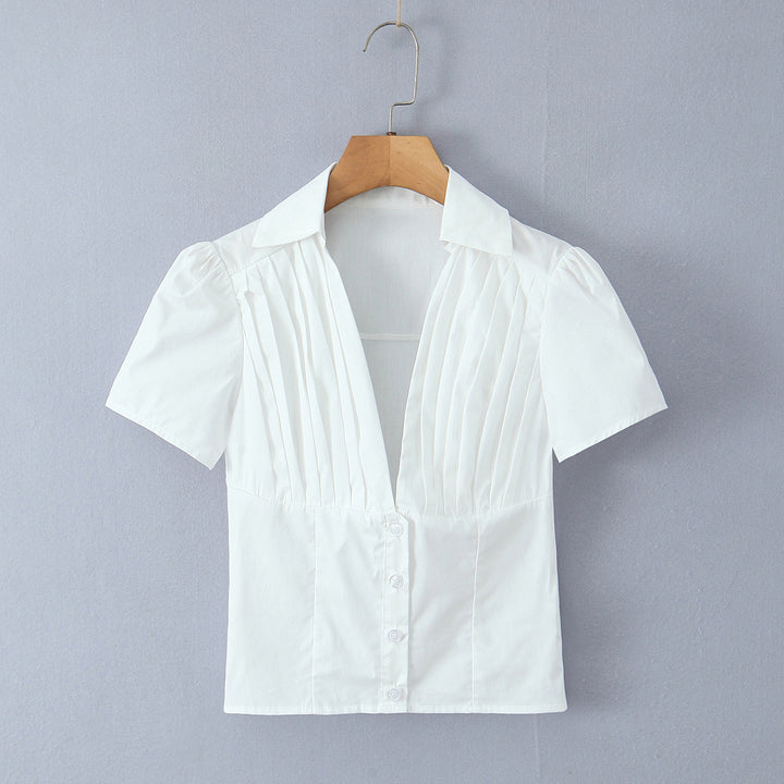 Dame taillet bluse t-shirt med elegante folder og V-udskæring Stilla