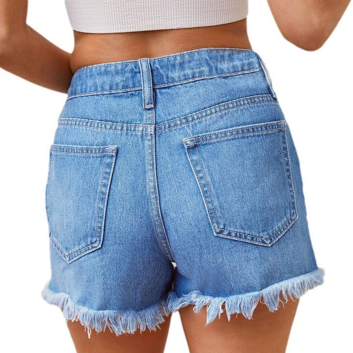 Dame jeans shorts med høj talje og revnet kant samt slidte effekter