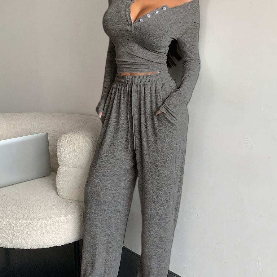 Kvinders afslappede loungewear sæt med knapdetaljer og elastisk talje Stilla