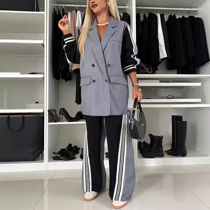 Dame Elegant Blazer- og Bukse-Sæt med sportslige Striber Stiila