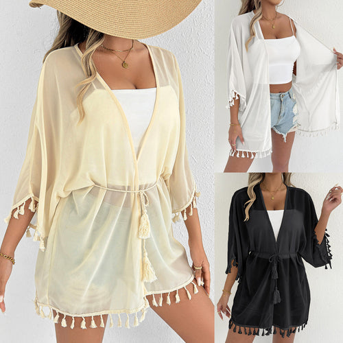 Dame elegant strandponcho med frynser Skovae