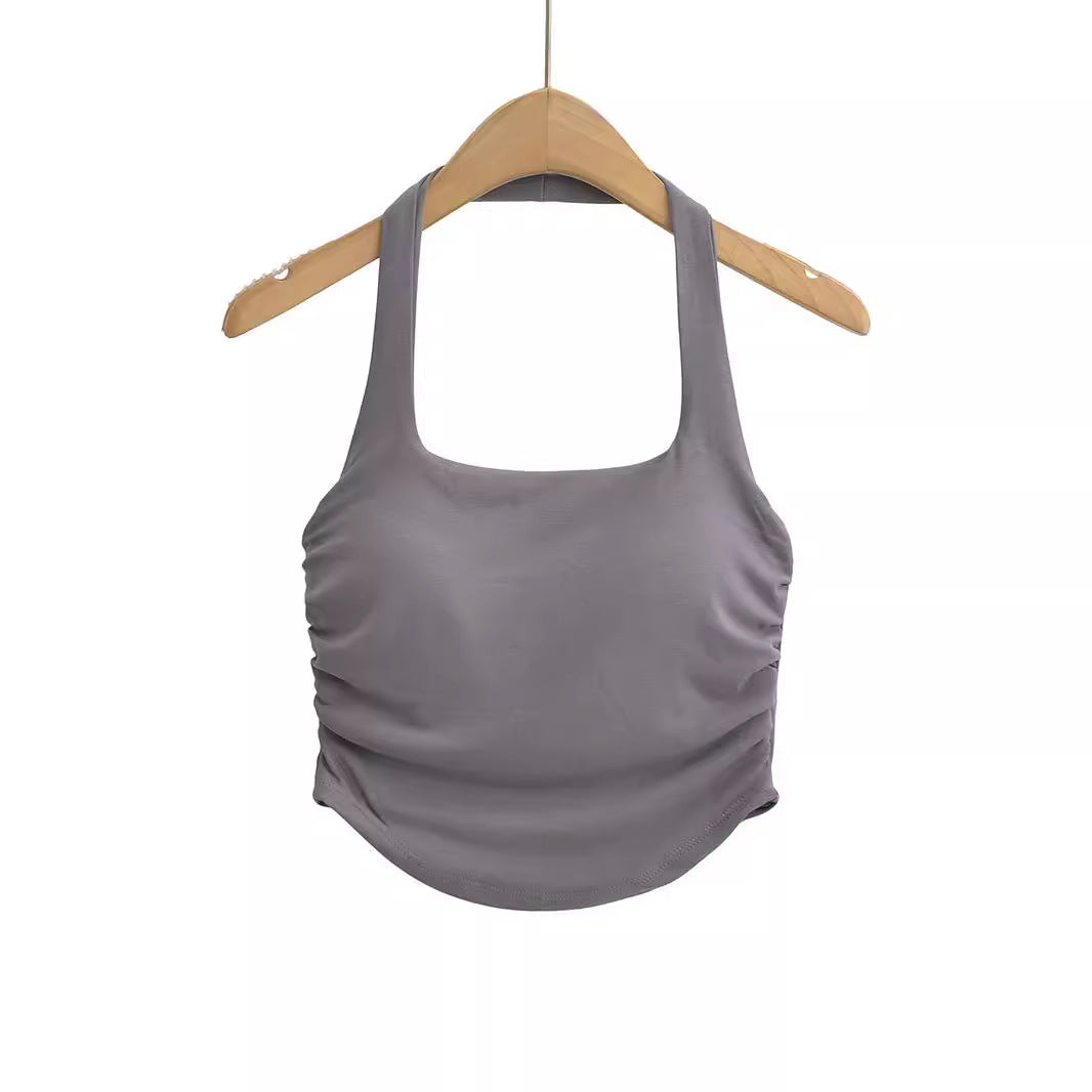Dame Sporty Cropped Top med Scoop-Udskæring og Rynkede Detaljer Stilla