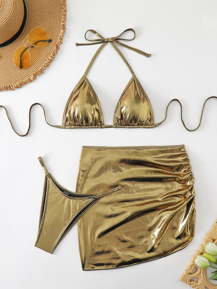 Dames Metallic Trekants Bikini Sæt med Rynket Nederdel Stilla