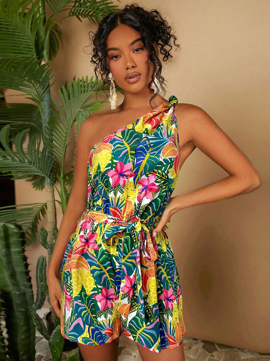Dame En skulder playsuit med blomsterprint og talje bælte Skovae