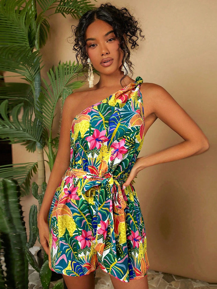 Dame En skulder playsuit med blomsterprint og talje bælte Skovae