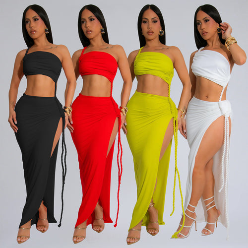 Dame sæt bestående af crop-top og maxi-nederdel med rynker og sidelængdeslids Stilla