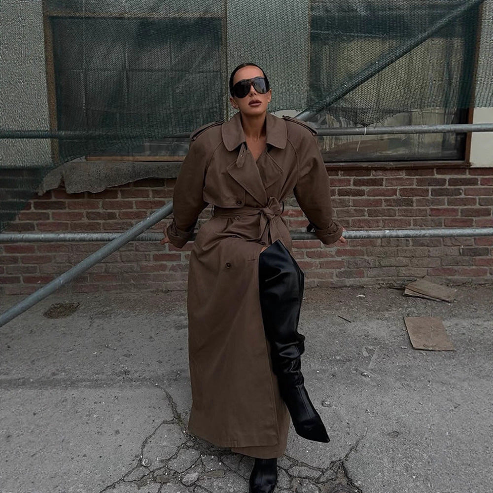 Dame elegant trenchcoat med taljebælte og højt lukket krave Stilla