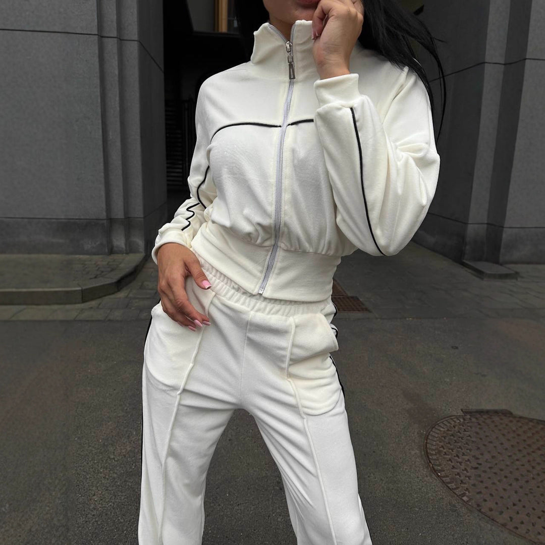 Kvinder Sporty Fleece Loungewear Sæt med Korte Jakke og Behagelige Bukser Skovae