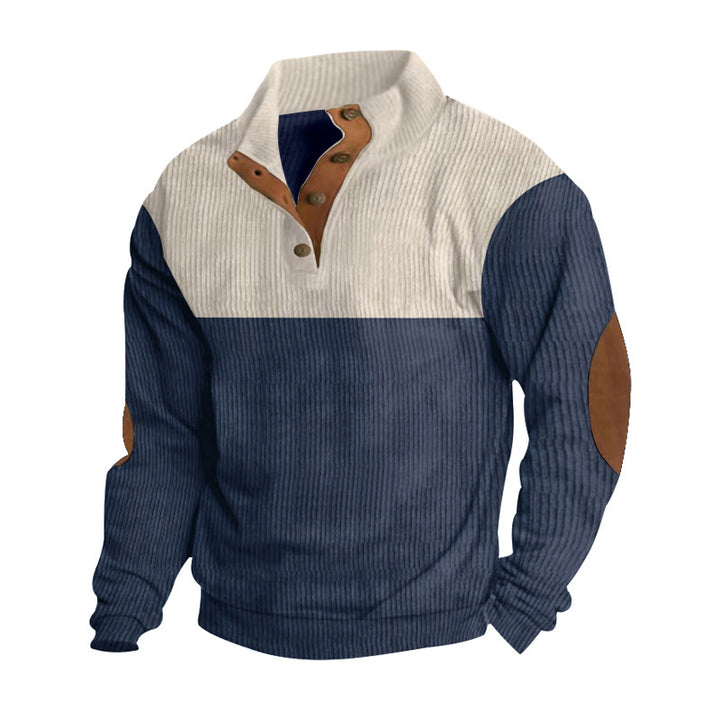 Herrer nan ribstrikket sweater med ståkrave knapliste og læderalbue-patches Skovae