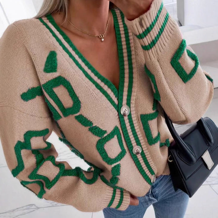 Kvinders stilfulde cardigan med unikt geometrisk mønster og trendy knapstolpe Stilla