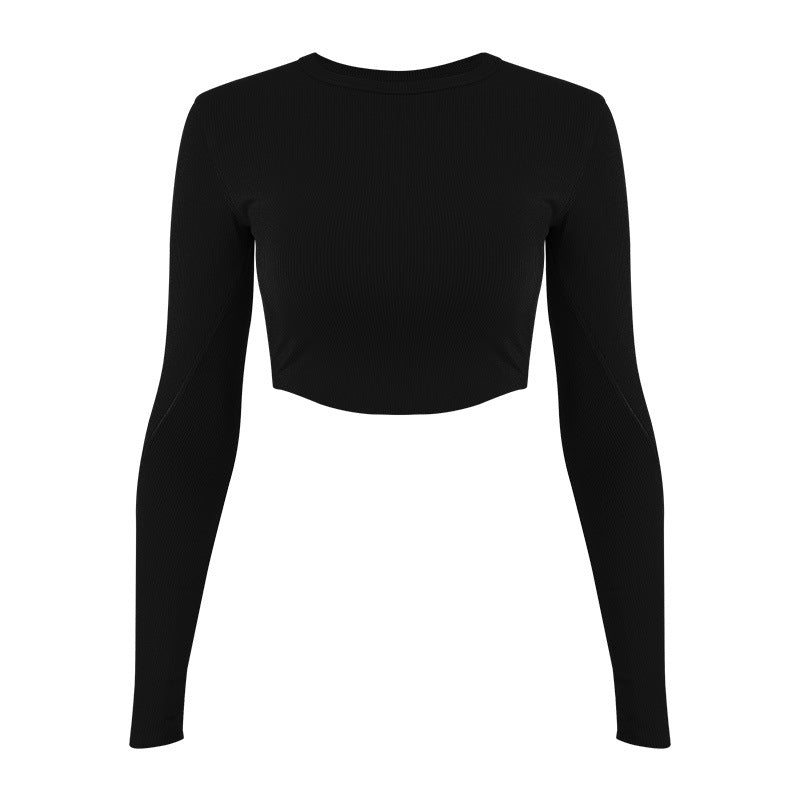 Damer mode Langærmet Crop-Top i elastisk ribmateriale med rund halsudskæring Stilla