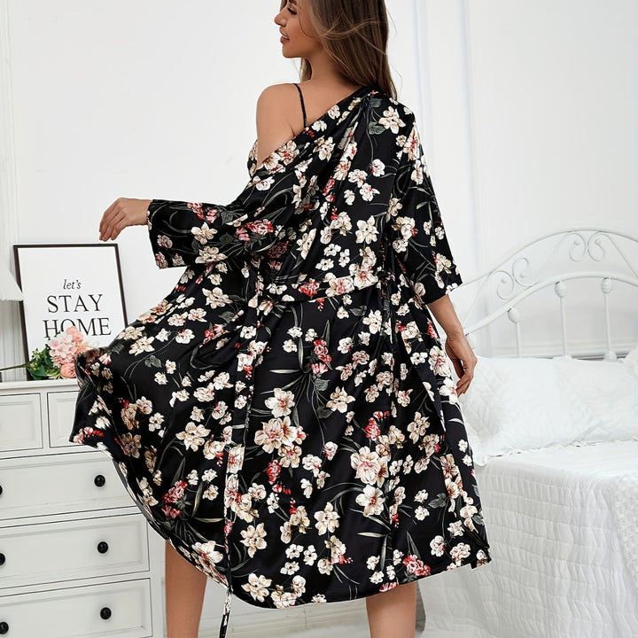 Dame Floral Satin Loungewear Sæt med Kimono Kåbe Stilla