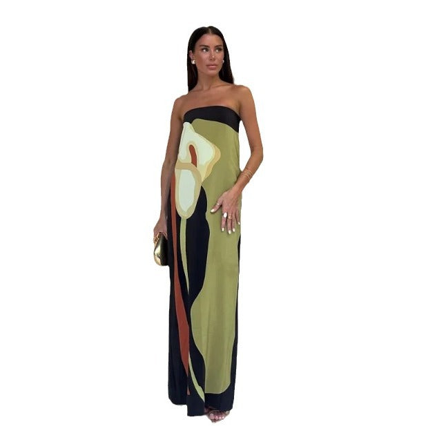 Dame Strapless Maxikjole med kunstnerisk mønster Stilla