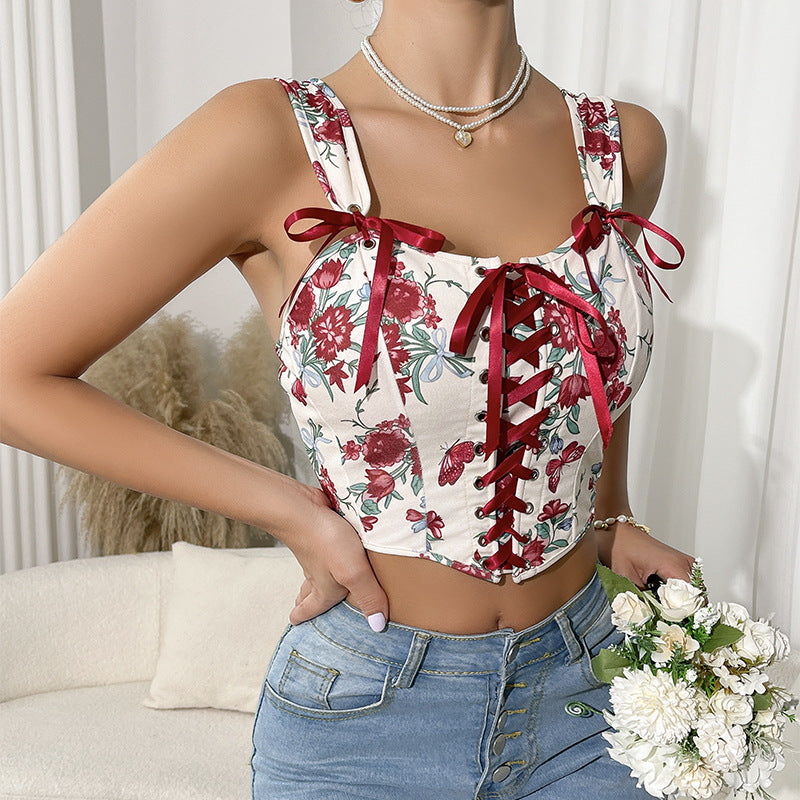 Dame Crop-Top med blomsterdesign og raffinerede snørredetaljer Stilla