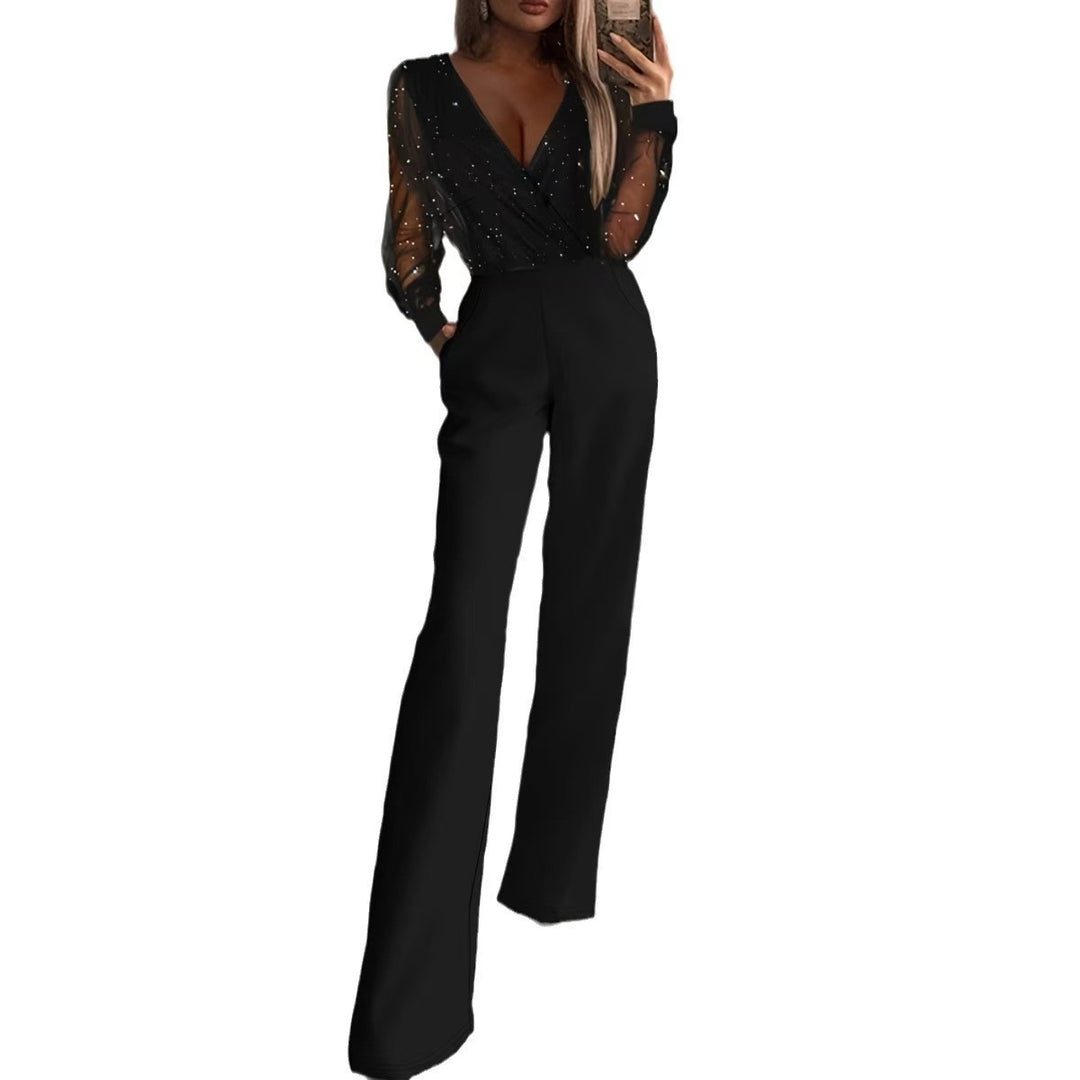 Damer Elegant Jumpsuit med gennemsigtige ærmer og glitrende detaljer Skovae
