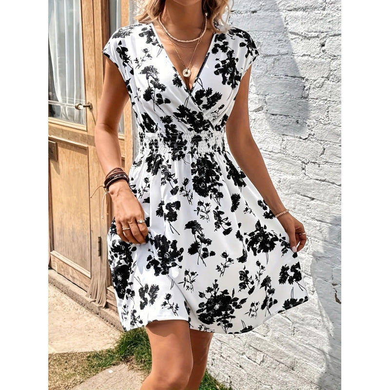 Dame wrap kjole med floral mønster og elastisk talje Skovae