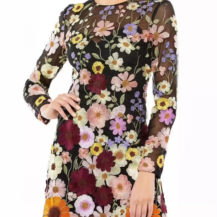 Dame Broderet Minikjole med florale Motiver og Lange Ærmer Stilla