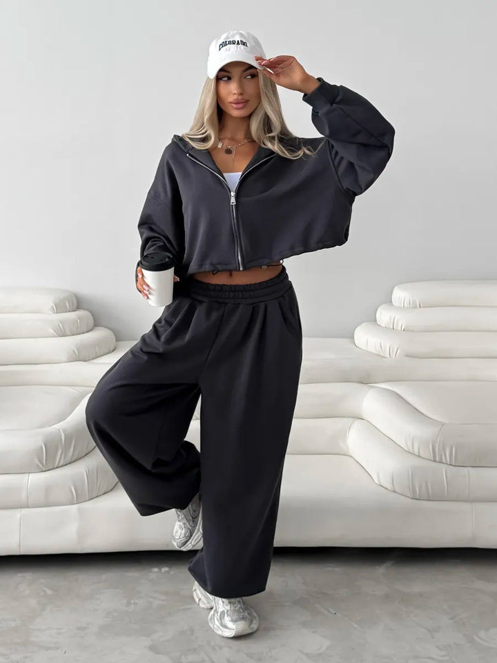 Kvinder cropped hoodie og brede joggerbukser sæt Skovae