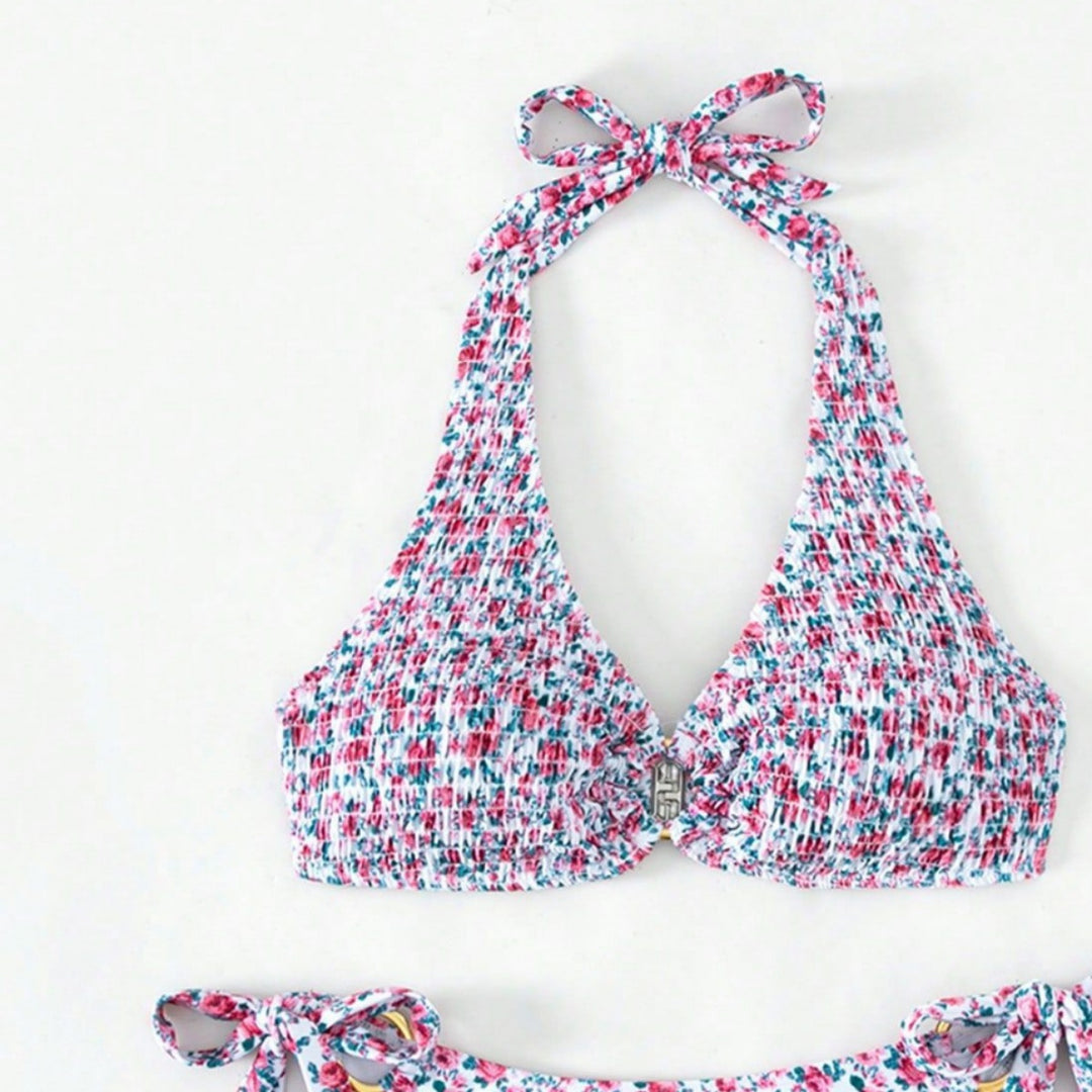 Dame bikini-sæt med bundet stropper og blomsterdesign Stilla