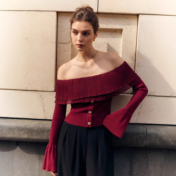 Dame Raffineret Off-Shoulder-Striktrøje med Flæser og Knapliste Stilla