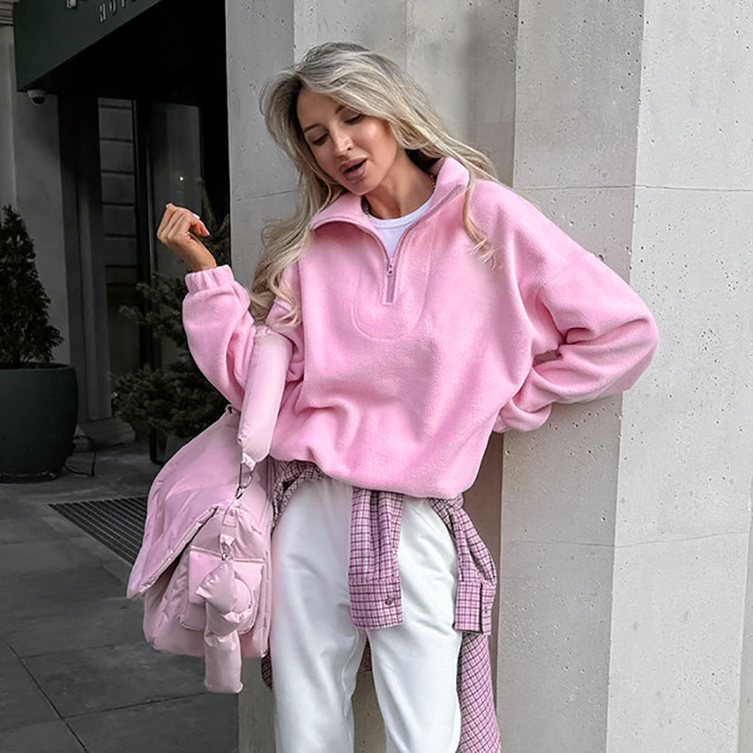 Dame fleece-pullover med halv lynlås og oversized pasform Stilla