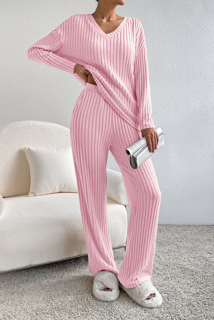 Dame Strik-Loungewear Sæt med Ribstruktur og V-udskæring Stilla