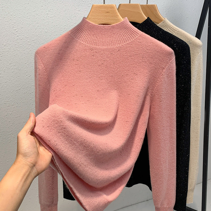 Dame strikpullover med fin glimmergarnstruktur og moderne ståkrave Stilla