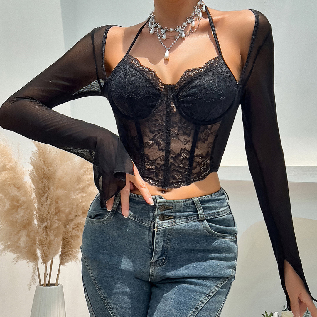 Dame spidspcorsage med transparente ærmer og detailbearbejdning Stilla