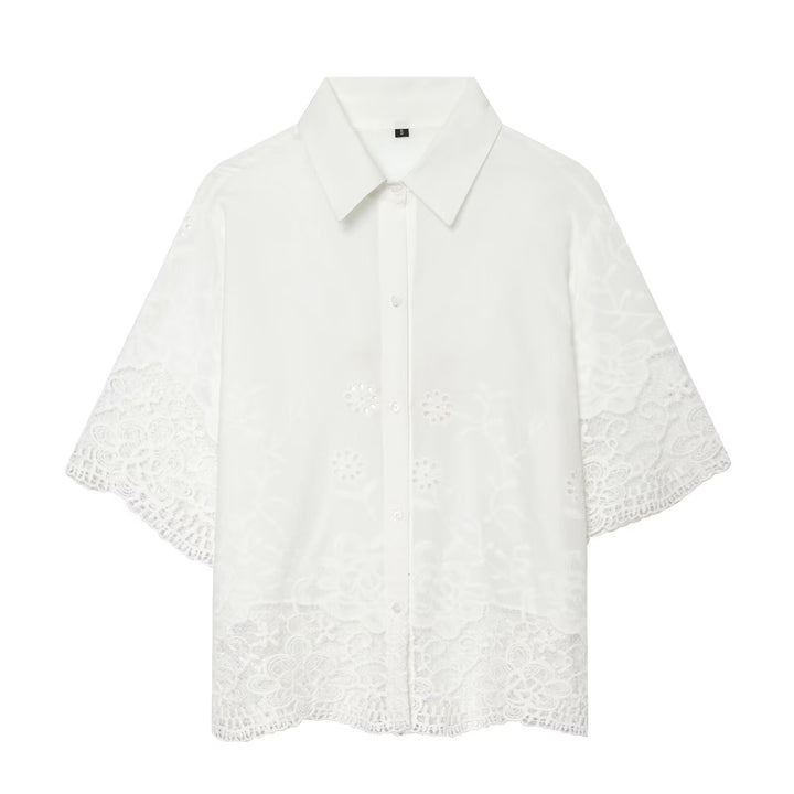 Dame kortærmet bluse med filigran spidsen detalje Skovae