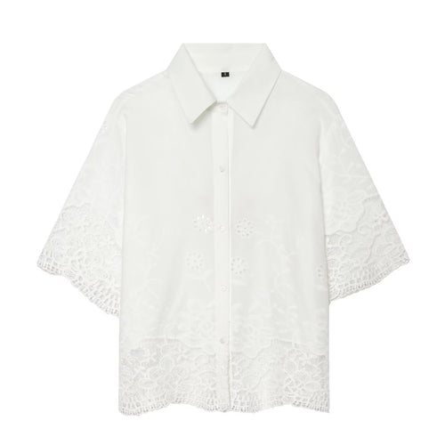 Dame kortærmet bluse med filigran spidsen detalje Skovae