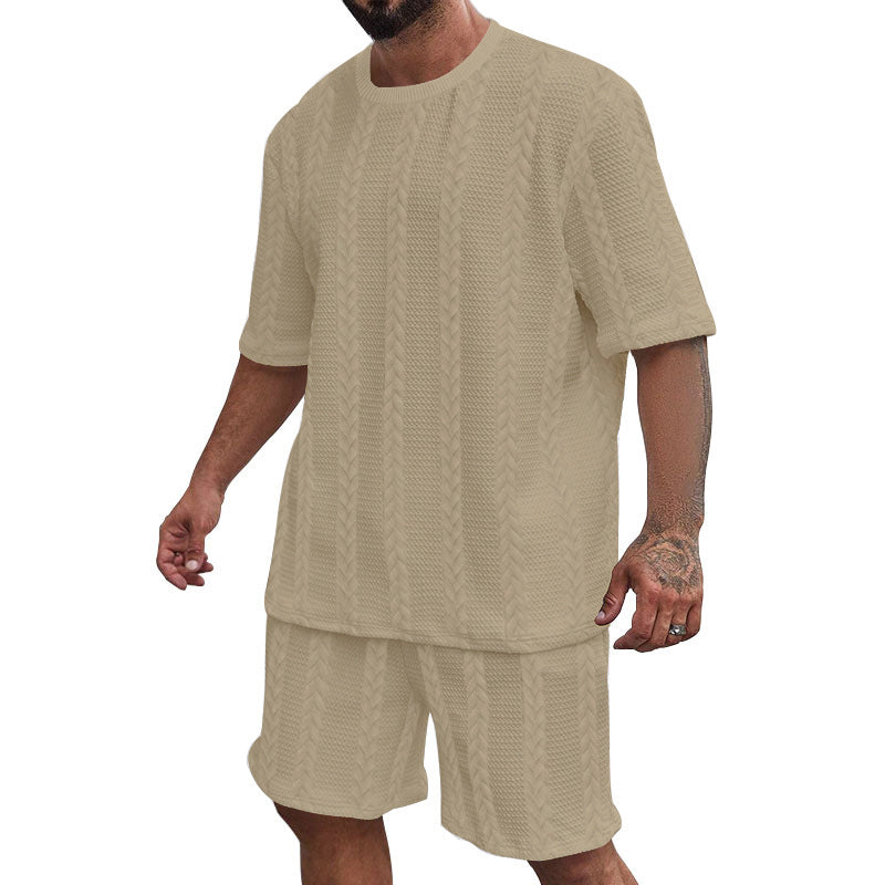 Herren nan afslappet fletningstrik fritids sæt med bred kortærmet t-shirt og elastiske Bermuda shorts