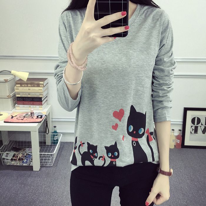 Kvinders langærmet T-shirt med kreativ katte-design Skovae