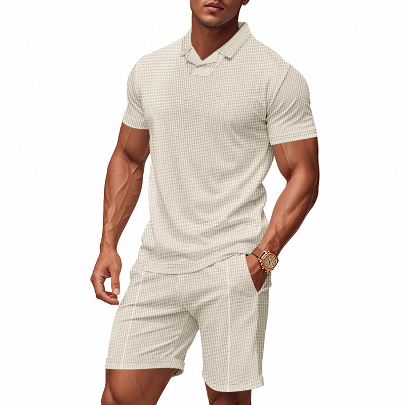 Herre nan afslappet vaffelstruktur fritids sæt med reverskrave kortærmet shirt og elastiske fritids shorts Skovae