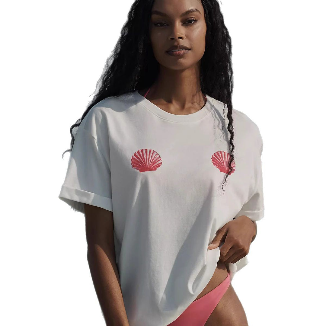 Dame afslappet T-shirt med maritimt muslingemotiv og løs pasform Skovae